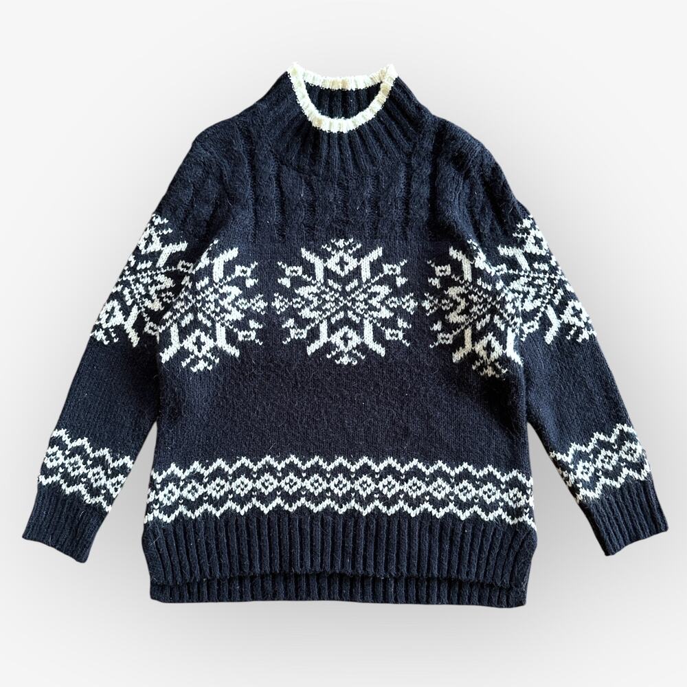 Talbots Fair Isle Nordic Wool Blend Mock Neck Sweater, Size LP, Navy-Cream